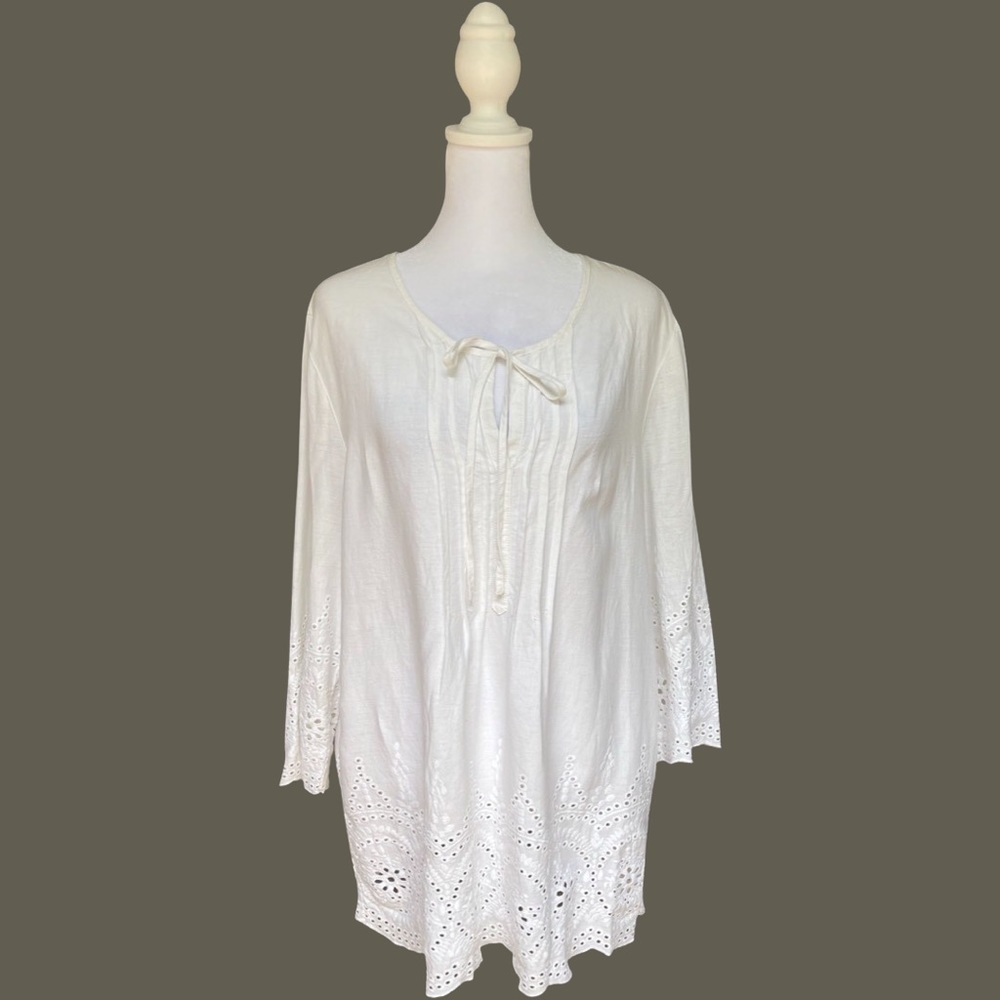 Marina Luna White Linen Blend Eyelet Embroidered Pintuck Tunic Size Medium